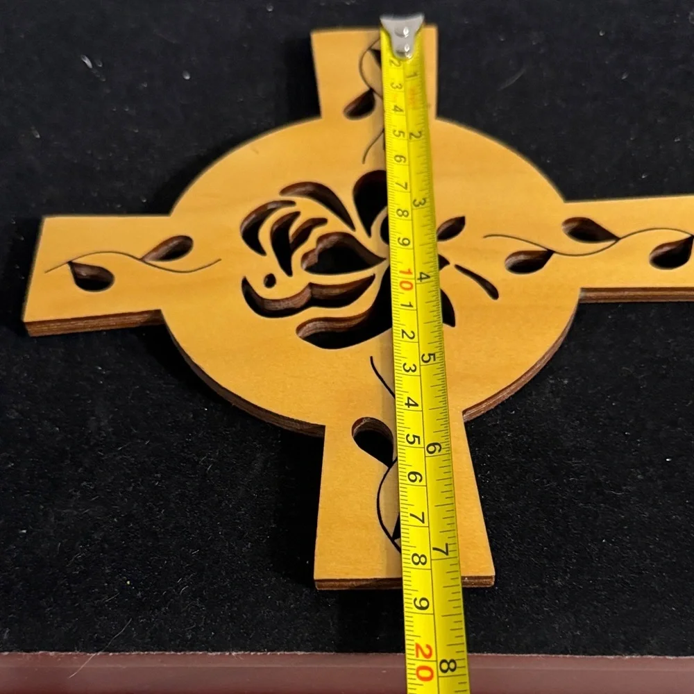 Wooden Celtic cross with a rose and vine cut-out design